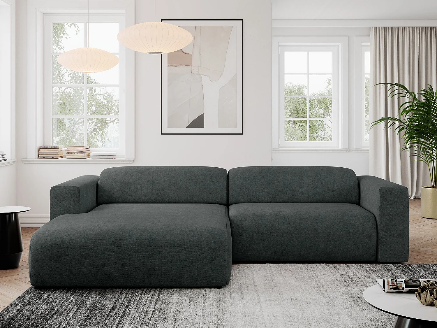 Ecksofa PASADENA - mit Armlehnen, Wohnlandschaft, freistehendes Sofa, große Ecke - Dunkelgrau Stukture - Ecke Links