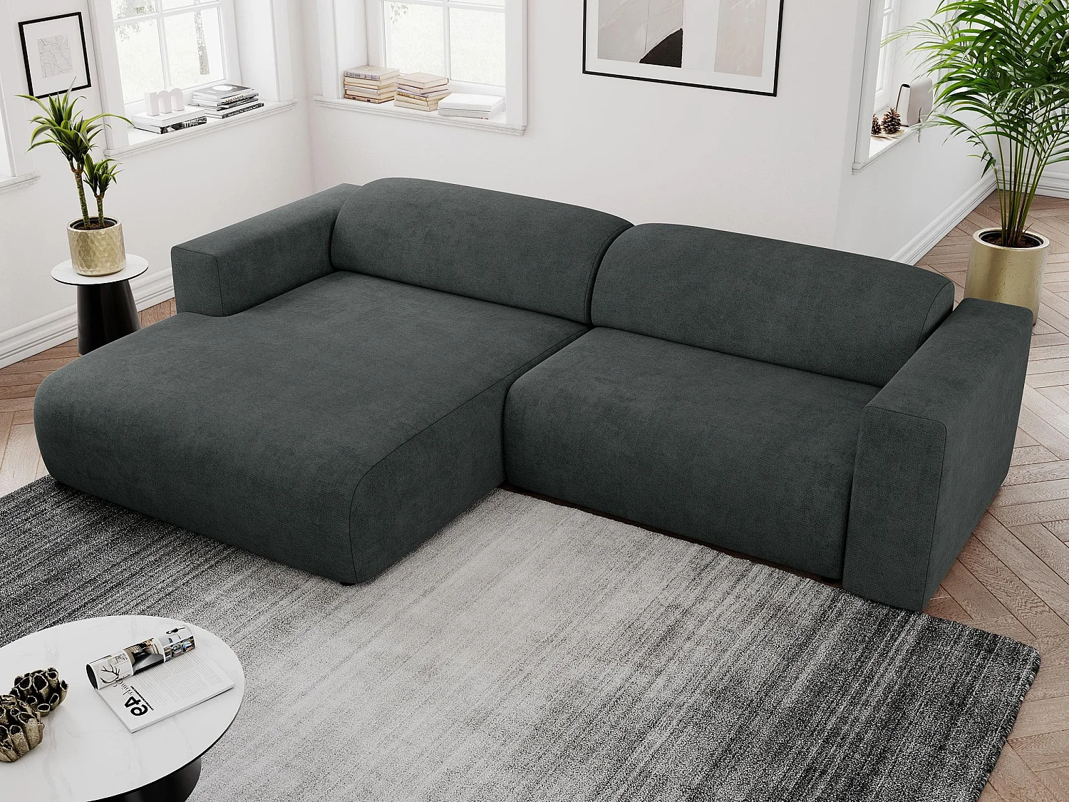 Ecksofa PASADENA - mit Armlehnen, Wohnlandschaft, freistehendes Sofa, große Ecke - Dunkelgrau Stukture - Ecke Links