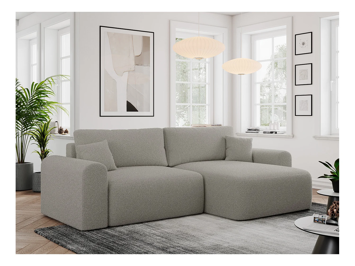 Ecksofa NELSON - Schlafcouch mit Armlehnen und Bettkasten, universelles L-förmige Ecksofa - Grau Boucle