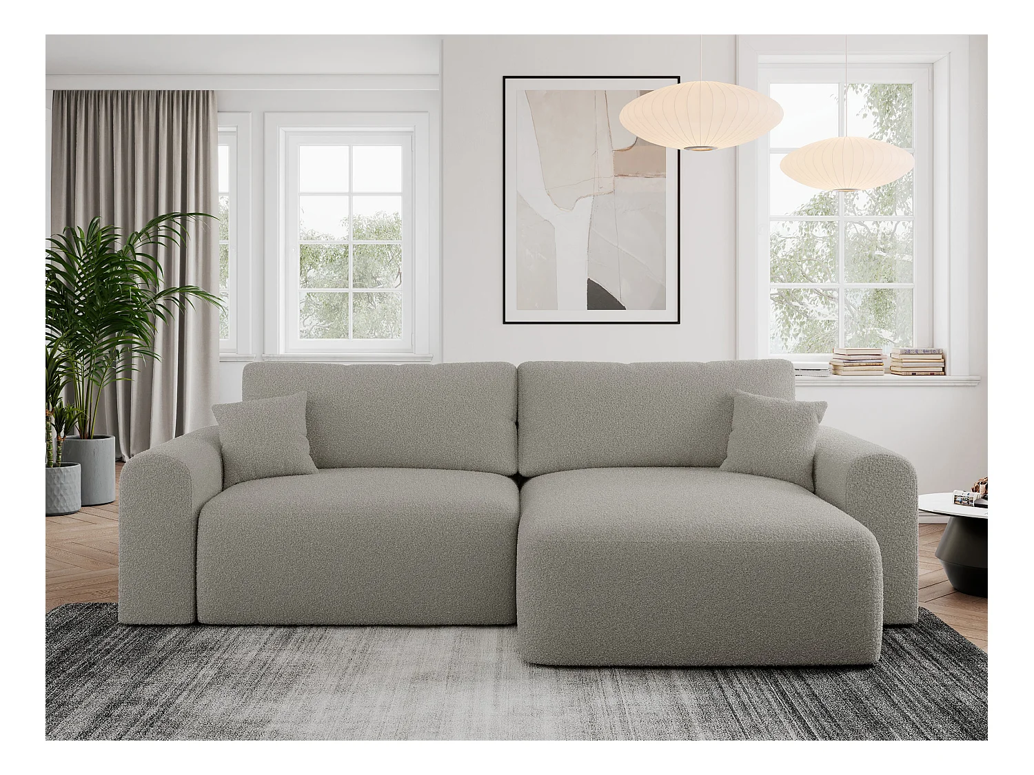 Ecksofa NELSON - Schlafcouch mit Armlehnen und Bettkasten, universelles L-förmige Ecksofa - Grau Boucle