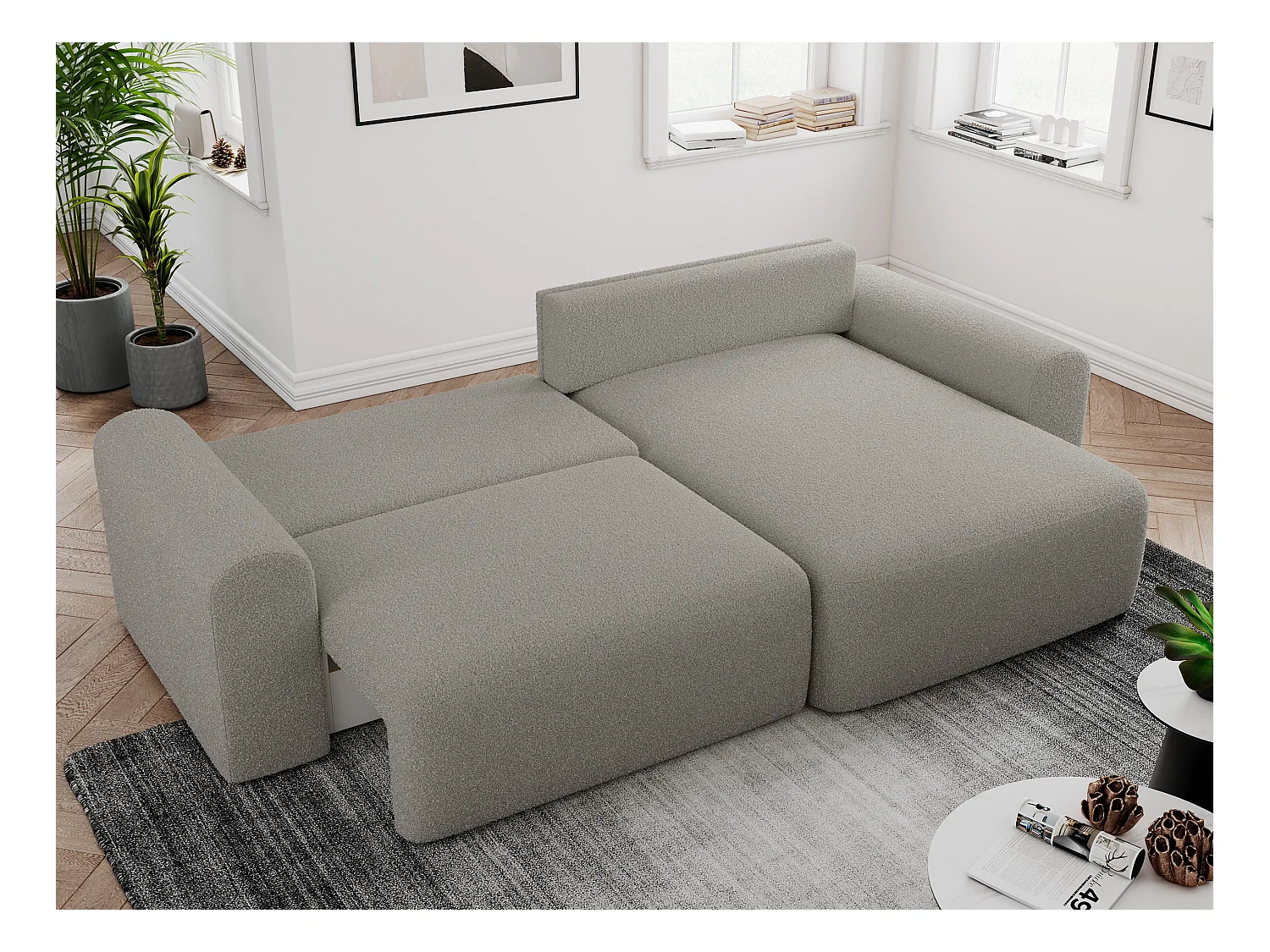 Ecksofa NELSON - Schlafcouch mit Armlehnen und Bettkasten, universelles L-förmige Ecksofa - Grau Boucle