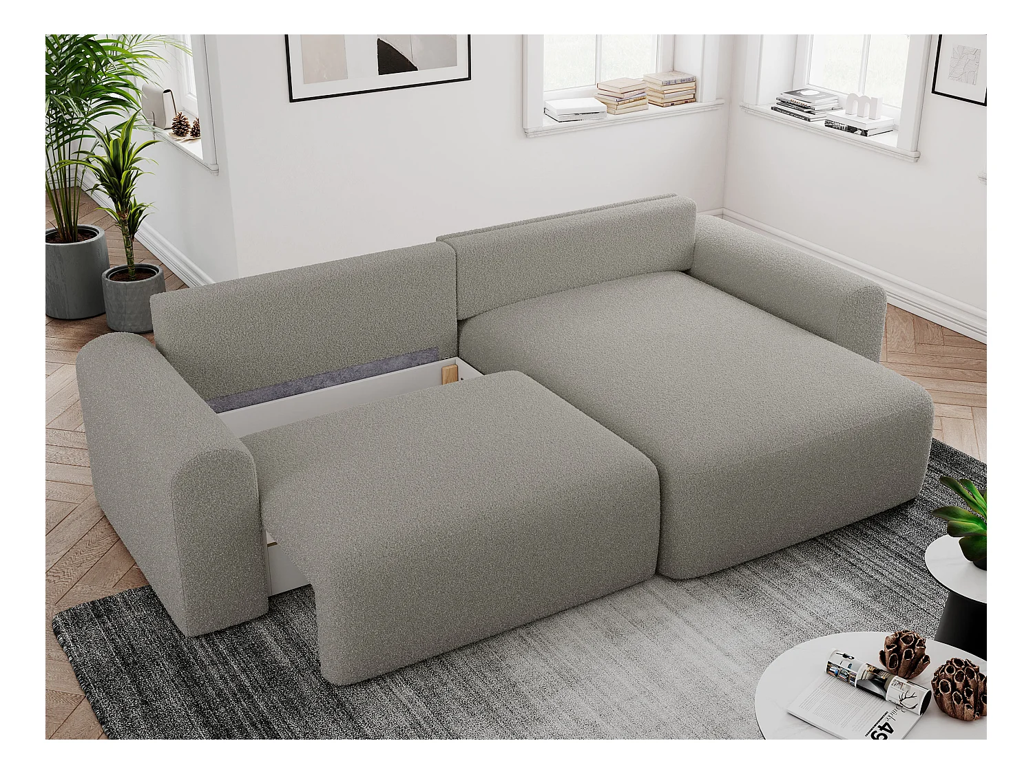 Ecksofa NELSON - Schlafcouch mit Armlehnen und Bettkasten, universelles L-förmige Ecksofa - Grau Boucle