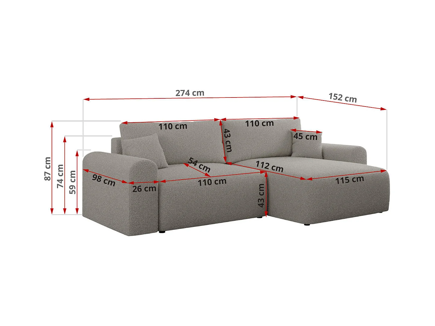 Ecksofa NELSON - Schlafcouch mit Armlehnen und Bettkasten, universelles L-förmige Ecksofa - Grau Boucle