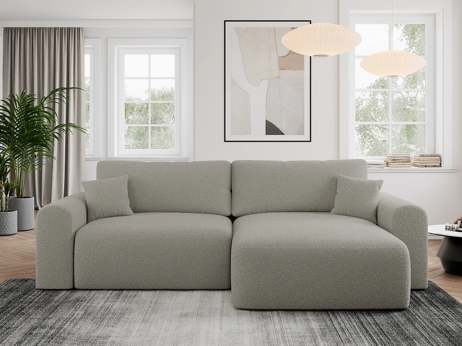 Ecksofa NELSON - Schlafcouch mit Armlehnen und Bettkasten, universelles L-förmige Ecksofa - Grau Boucle