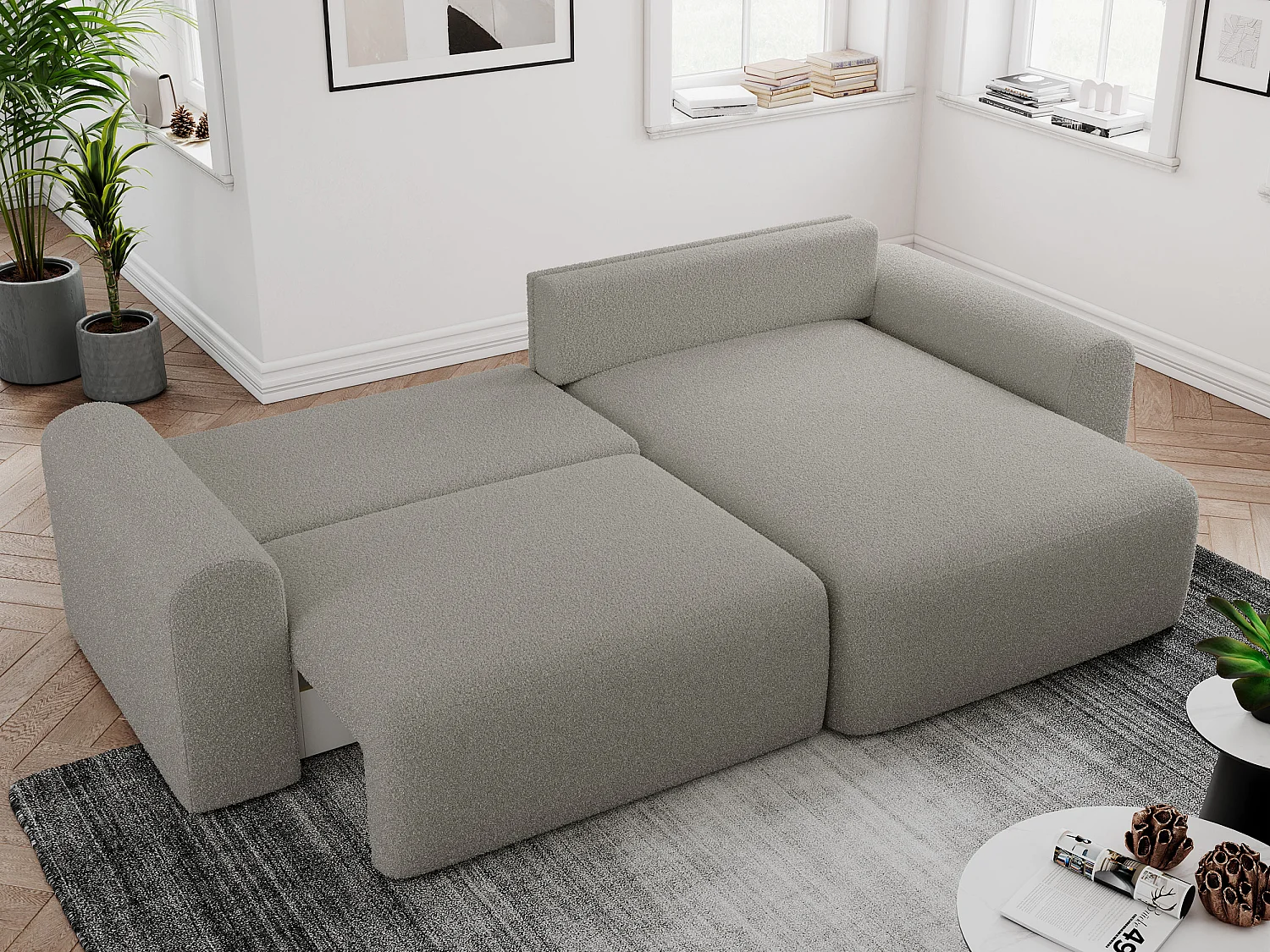 Ecksofa NELSON - Schlafcouch mit Armlehnen und Bettkasten, universelles L-förmige Ecksofa - Grau Boucle