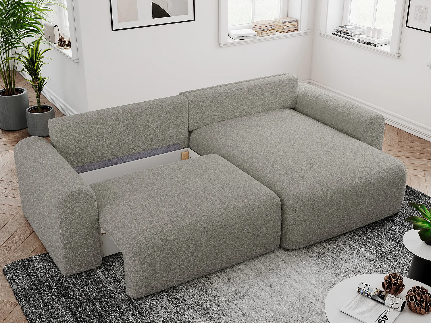 Ecksofa NELSON - Schlafcouch mit Armlehnen und Bettkasten, universelles L-förmige Ecksofa - Grau Boucle