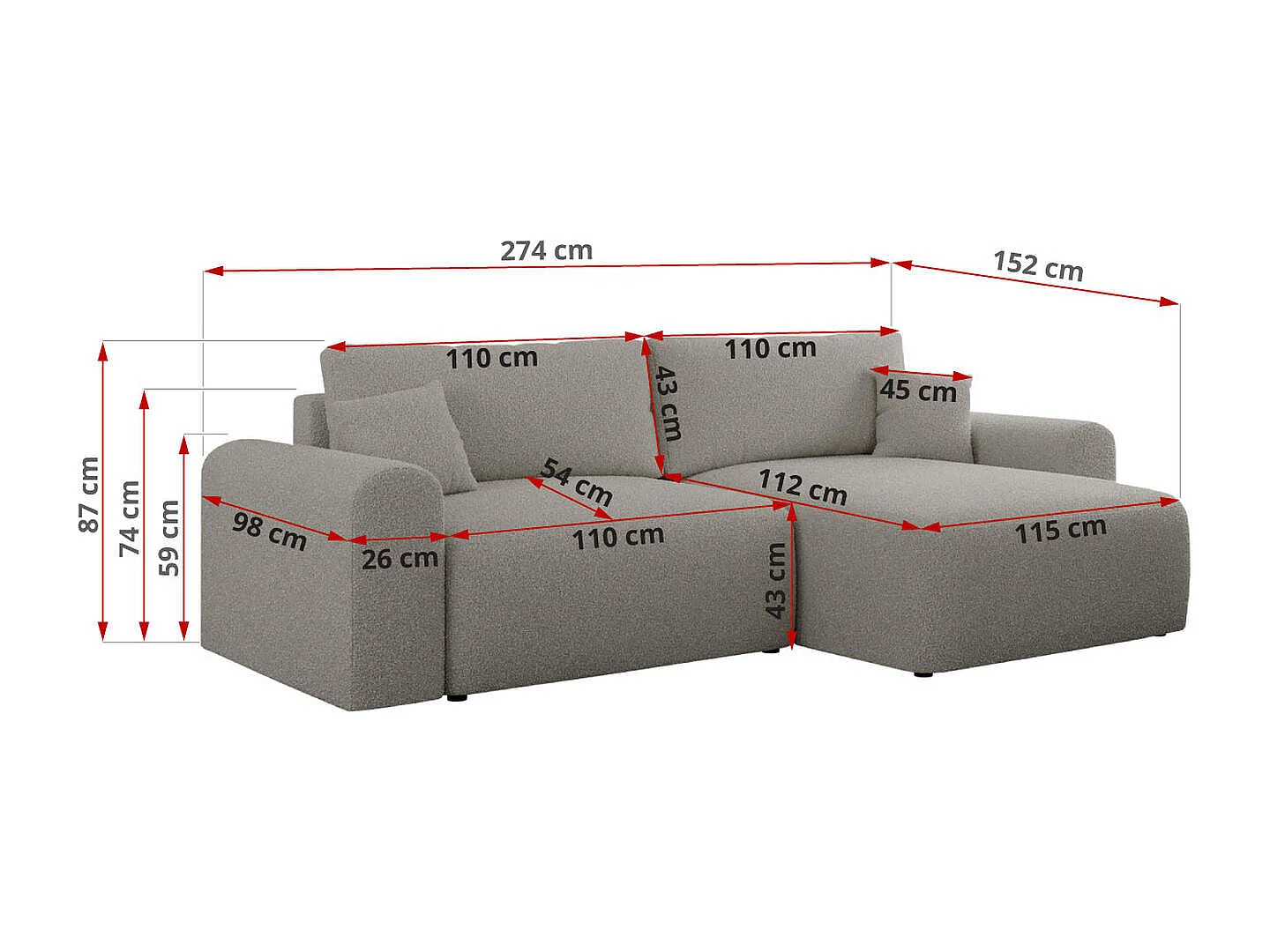 Ecksofa NELSON - Schlafcouch mit Armlehnen und Bettkasten, universelles L-förmige Ecksofa - Grau Boucle