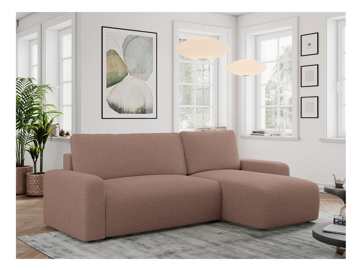Ecksofa ARGOS - mit Schlaffunktion, Sofa mit armlehnen, Bettkasten, 3-Sitzer Sofa - Rosa Boucle