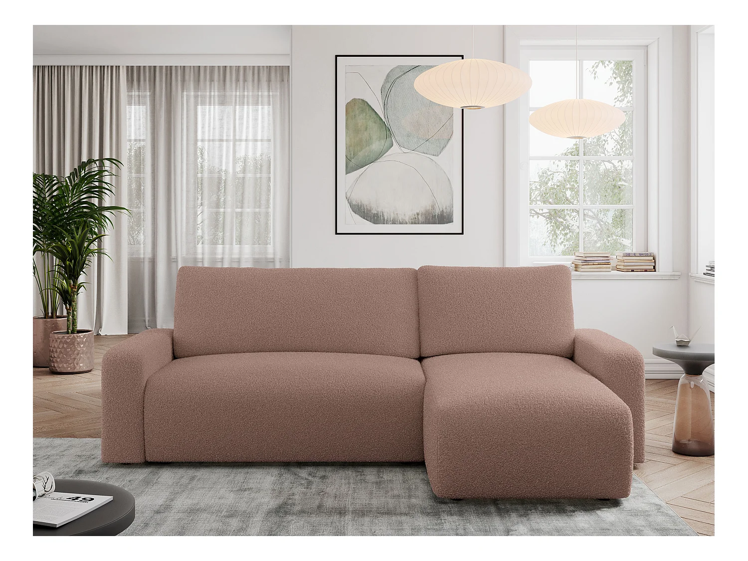 Ecksofa ARGOS - mit Schlaffunktion, Sofa mit armlehnen, Bettkasten, 3-Sitzer Sofa - Rosa Boucle