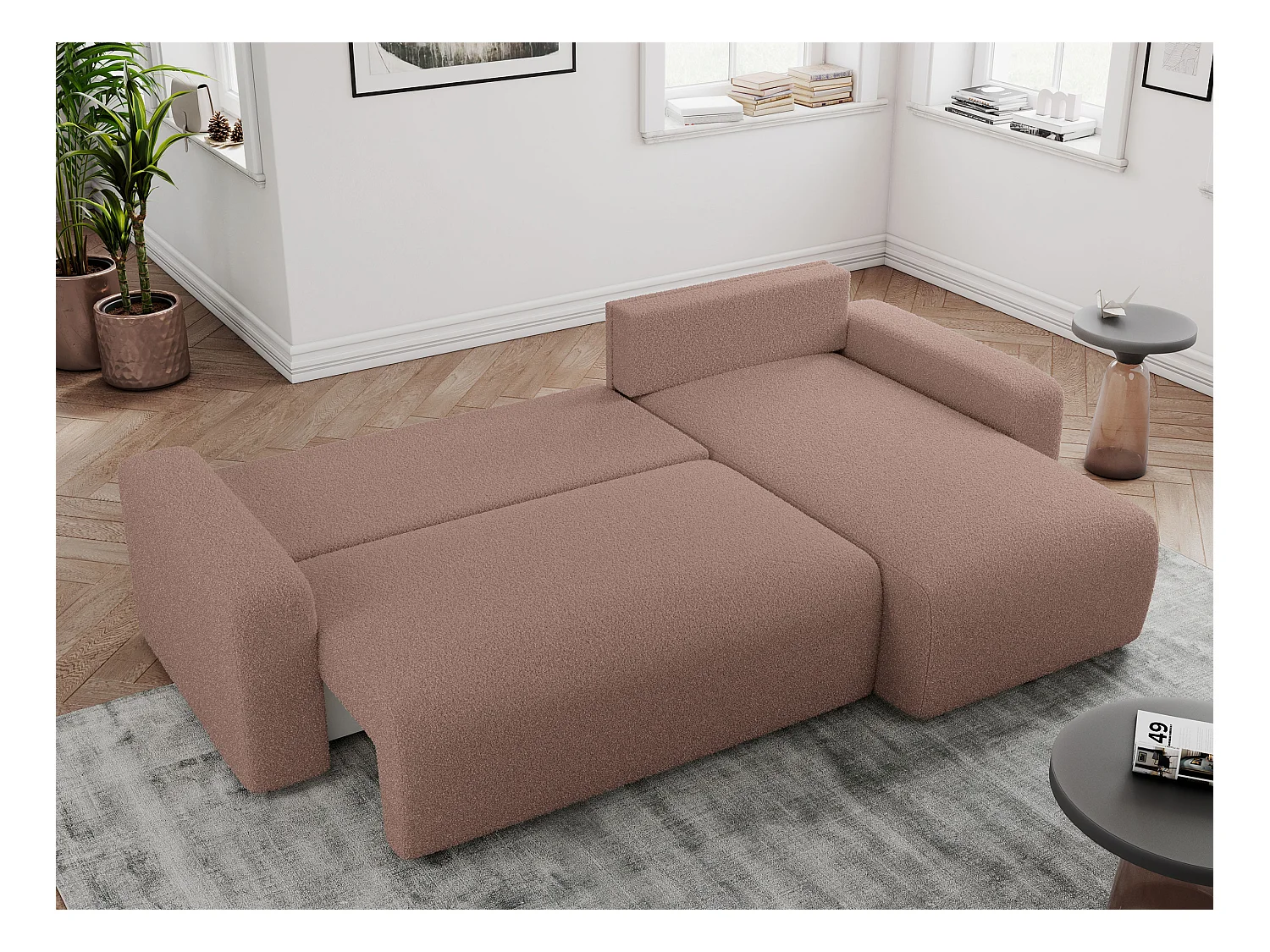 Ecksofa ARGOS - mit Schlaffunktion, Sofa mit armlehnen, Bettkasten, 3-Sitzer Sofa - Rosa Boucle