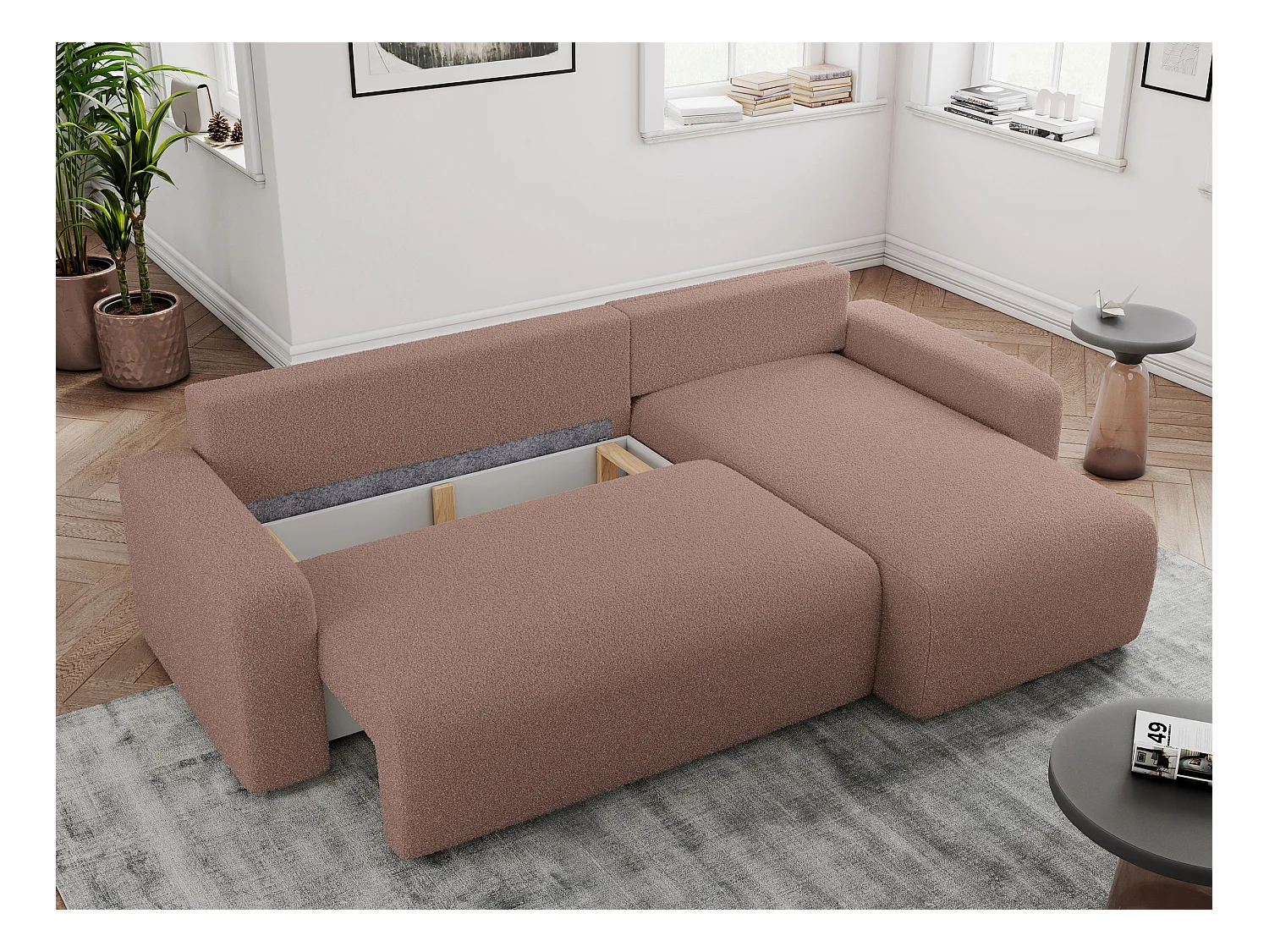 Ecksofa ARGOS - mit Schlaffunktion, Sofa mit armlehnen, Bettkasten, 3-Sitzer Sofa - Rosa Boucle