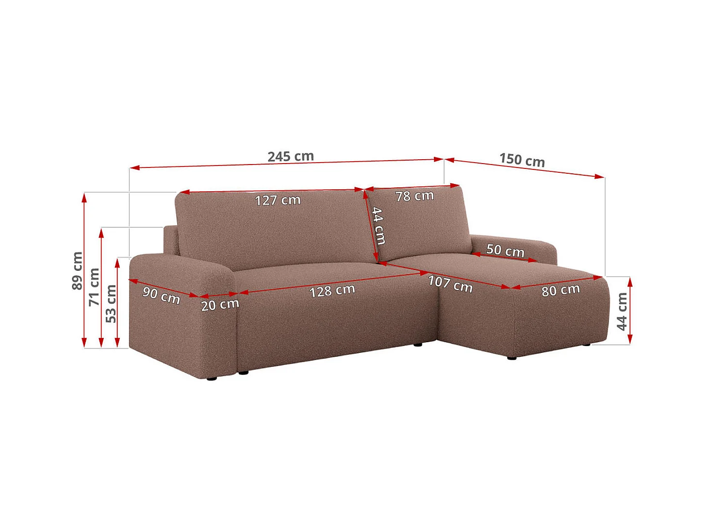 Ecksofa ARGOS - mit Schlaffunktion, Sofa mit armlehnen, Bettkasten, 3-Sitzer Sofa - Rosa Boucle