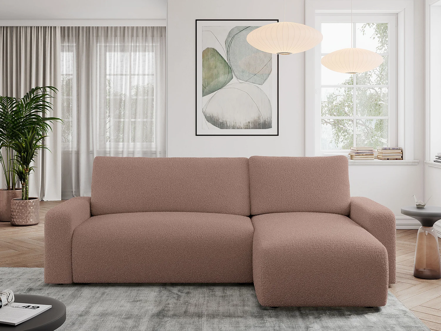 Ecksofa ARGOS - mit Schlaffunktion, Sofa mit armlehnen, Bettkasten, 3-Sitzer Sofa - Rosa Boucle