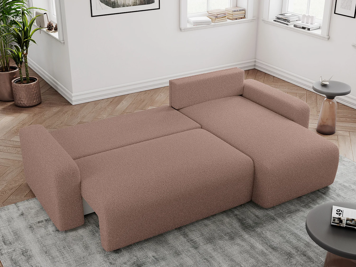 Ecksofa ARGOS - mit Schlaffunktion, Sofa mit armlehnen, Bettkasten, 3-Sitzer Sofa - Rosa Boucle
