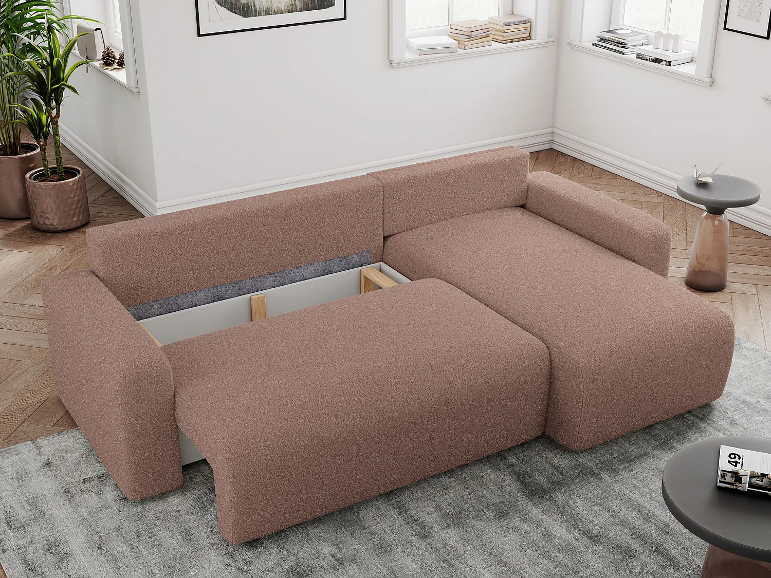 Ecksofa ARGOS - mit Schlaffunktion, Sofa mit armlehnen, Bettkasten, 3-Sitzer Sofa - Rosa Boucle