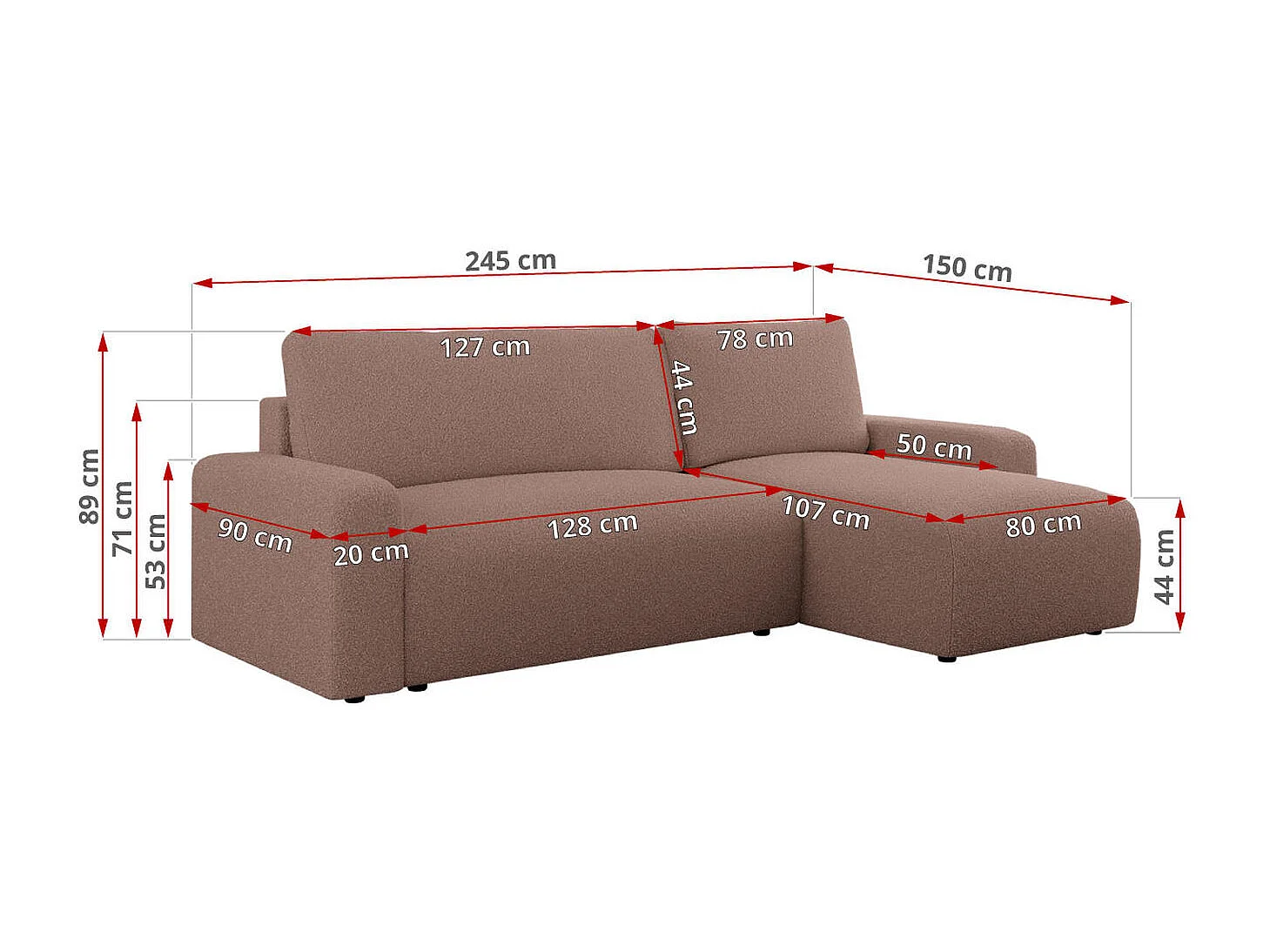 Ecksofa ARGOS - mit Schlaffunktion, Sofa mit armlehnen, Bettkasten, 3-Sitzer Sofa - Rosa Boucle