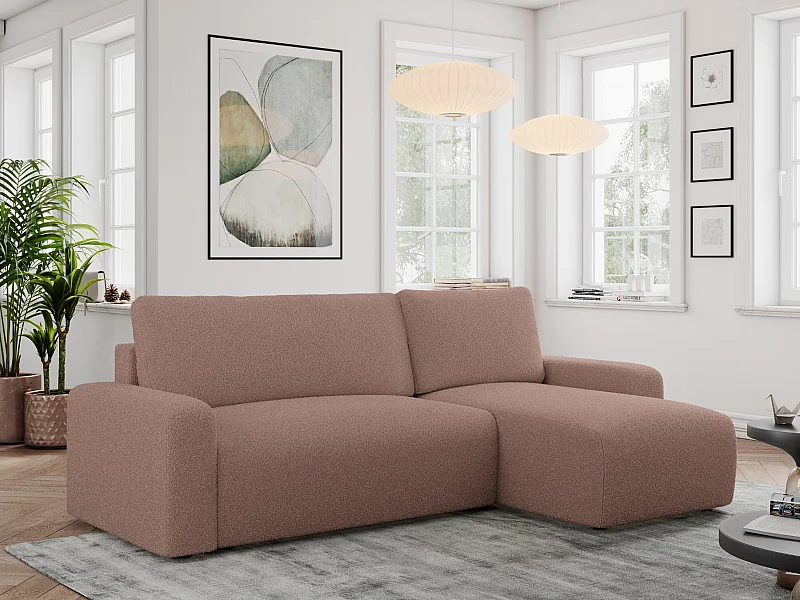 Ecksofa ARGOS - mit Schlaffunktion, Sofa mit armlehnen, Bettkasten, 3-Sitzer Sofa - Rosa Boucle