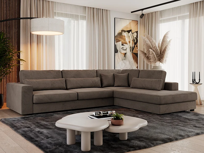 Ecksofa SAVONA - mit Armlehnen, lose Kissen, große L-förmige Ecke, Wohnlandschaft - Braun Velvet - Ecke Rechts