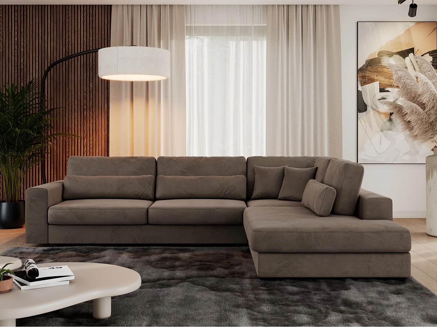Ecksofa SAVONA - mit Armlehnen, lose Kissen, große L-förmige Ecke, Wohnlandschaft - Braun Velvet - Ecke Rechts