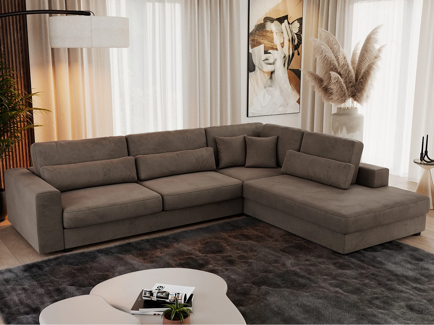 Ecksofa SAVONA - mit Armlehnen, lose Kissen, große L-förmige Ecke, Wohnlandschaft - Braun Velvet - Ecke Rechts