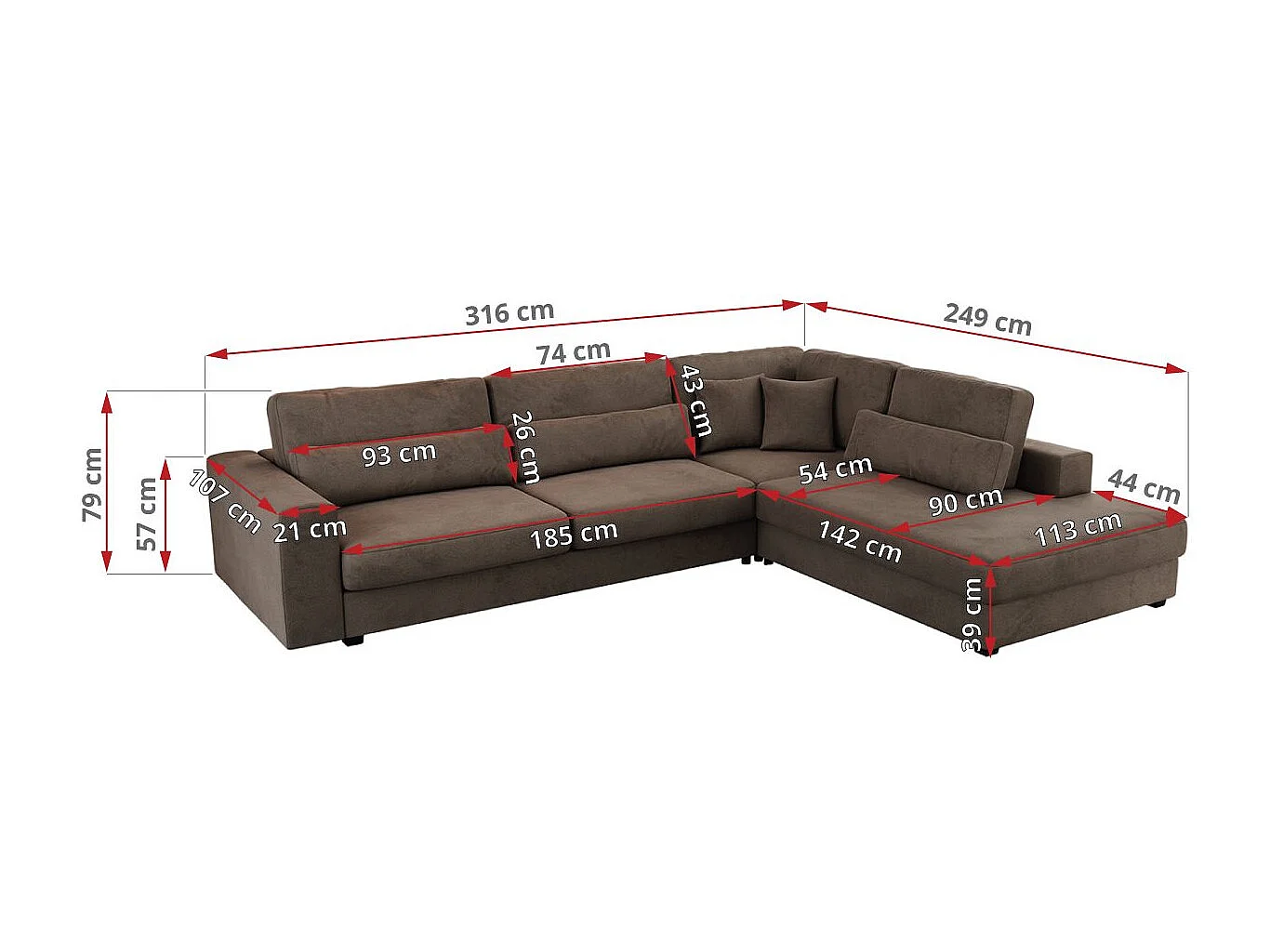 Ecksofa SAVONA - mit Armlehnen, lose Kissen, große L-förmige Ecke, Wohnlandschaft - Braun Velvet - Ecke Rechts
