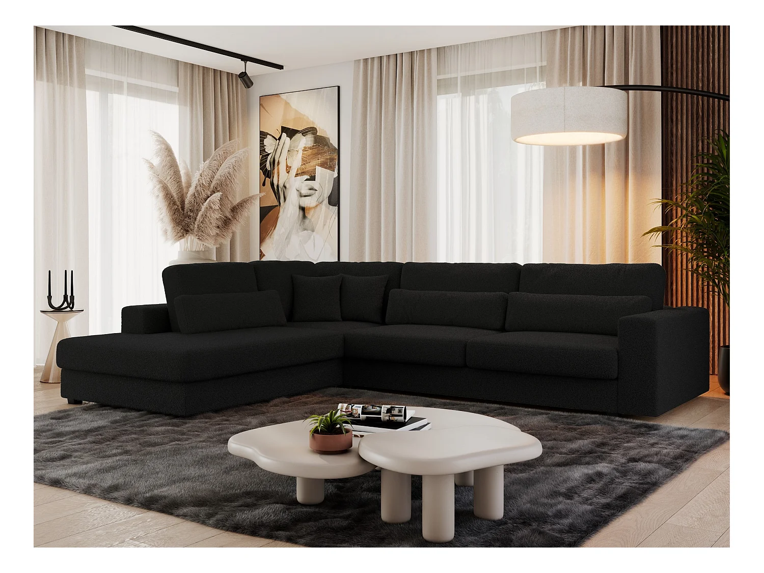 Ecksofa SAVONA - mit Armlehnen, lose Kissen, große L-förmige Ecke, Wohnlandschaft - Schwarz Boucle - Ecke Links