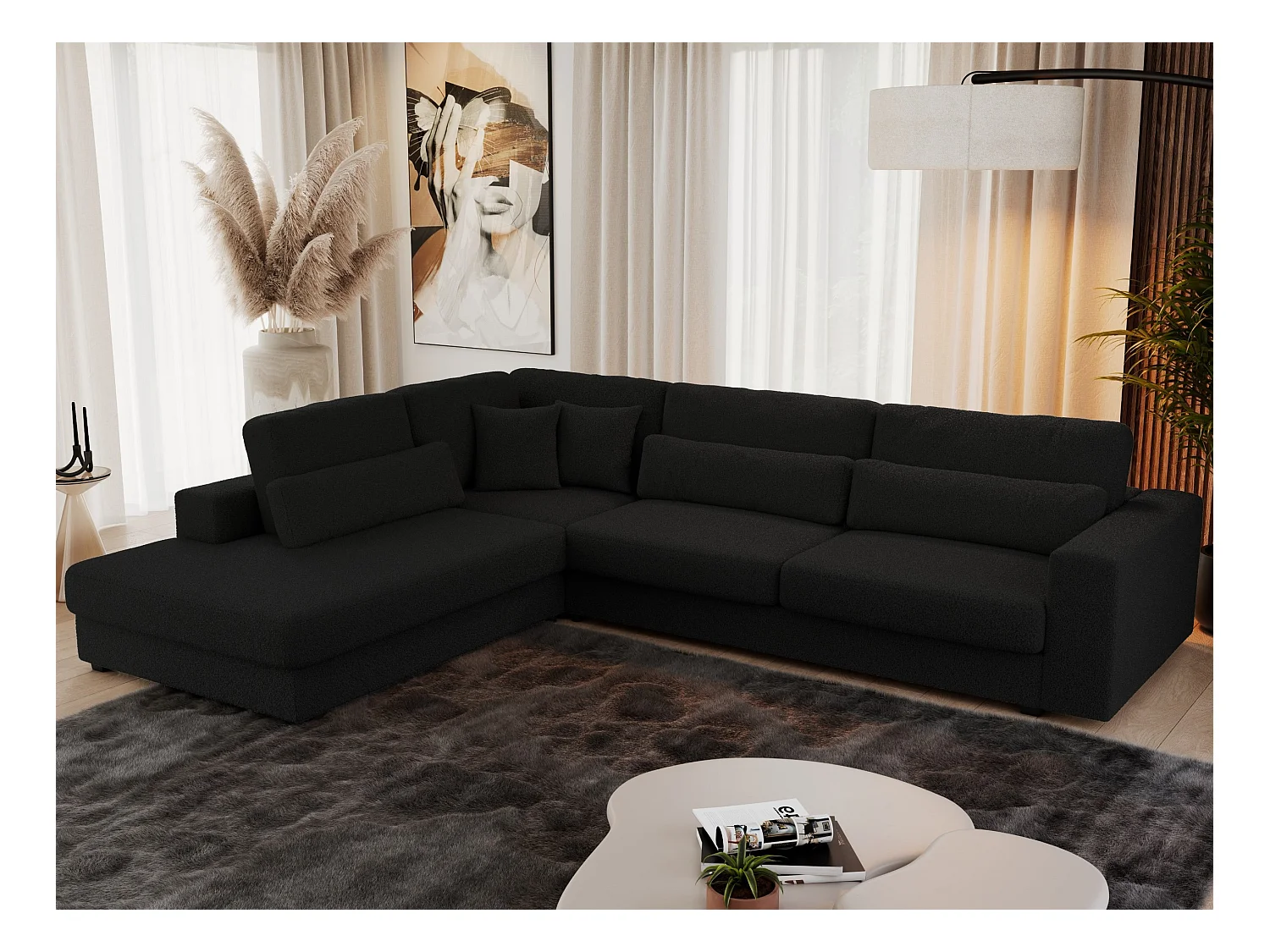 Ecksofa SAVONA - mit Armlehnen, lose Kissen, große L-förmige Ecke, Wohnlandschaft - Schwarz Boucle - Ecke Links