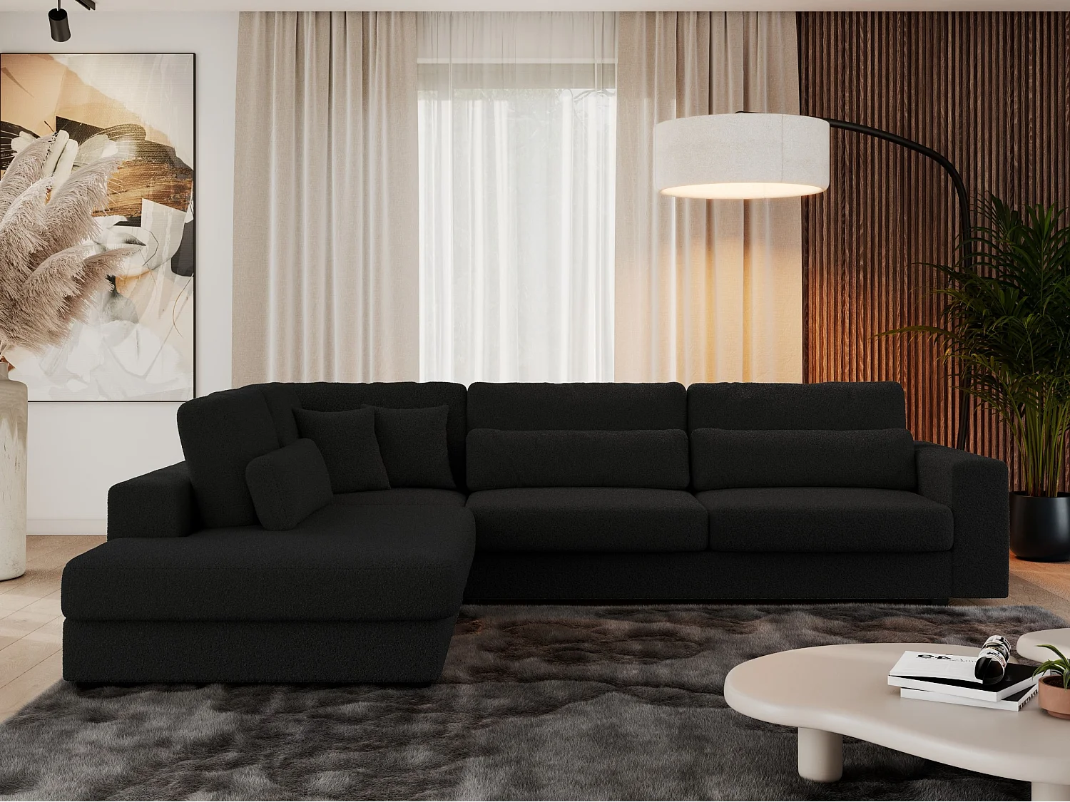 Ecksofa SAVONA - mit Armlehnen, lose Kissen, große L-förmige Ecke, Wohnlandschaft - Schwarz Boucle - Ecke Links