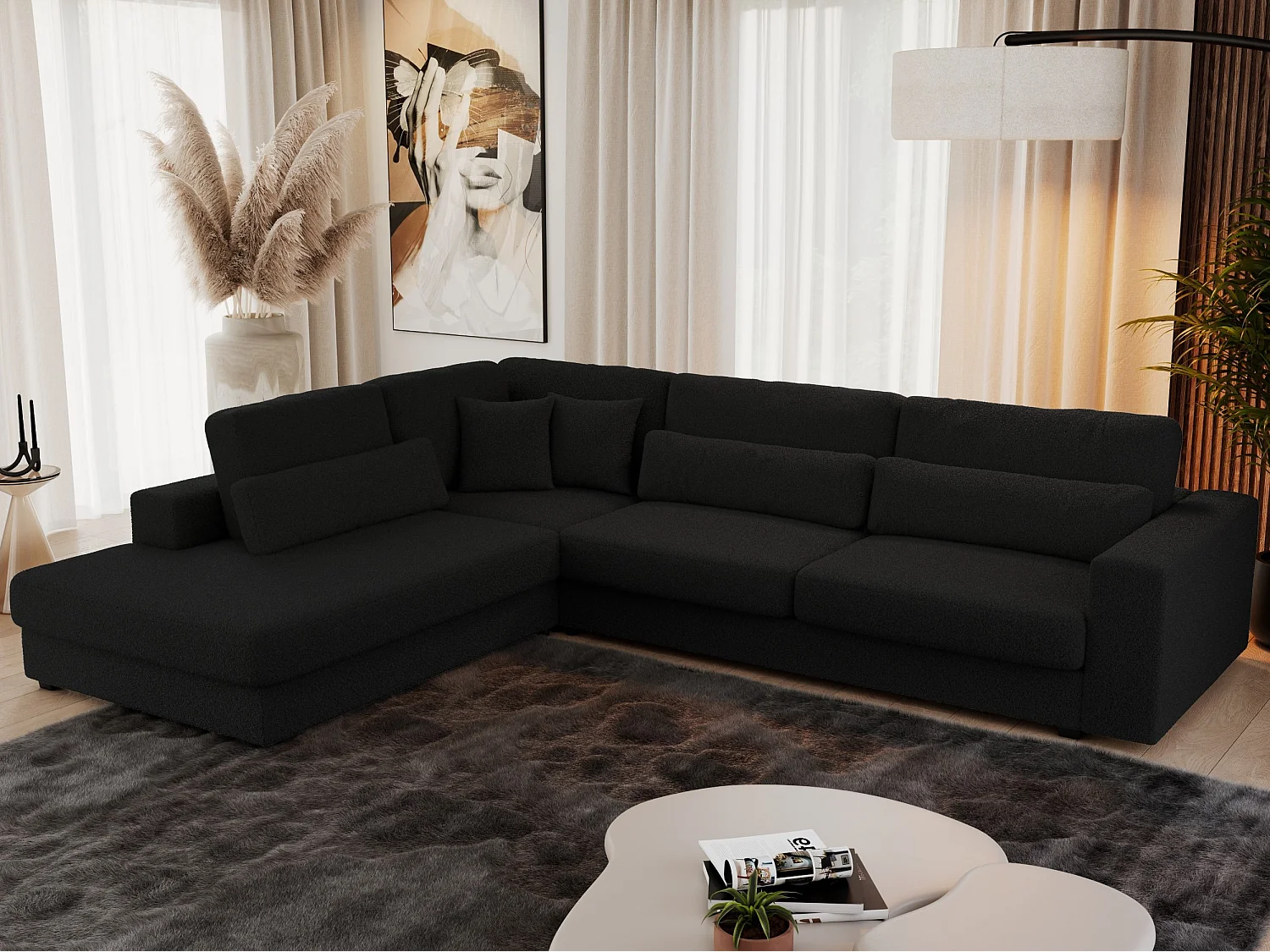 Ecksofa SAVONA - mit Armlehnen, lose Kissen, große L-förmige Ecke, Wohnlandschaft - Schwarz Boucle - Ecke Links