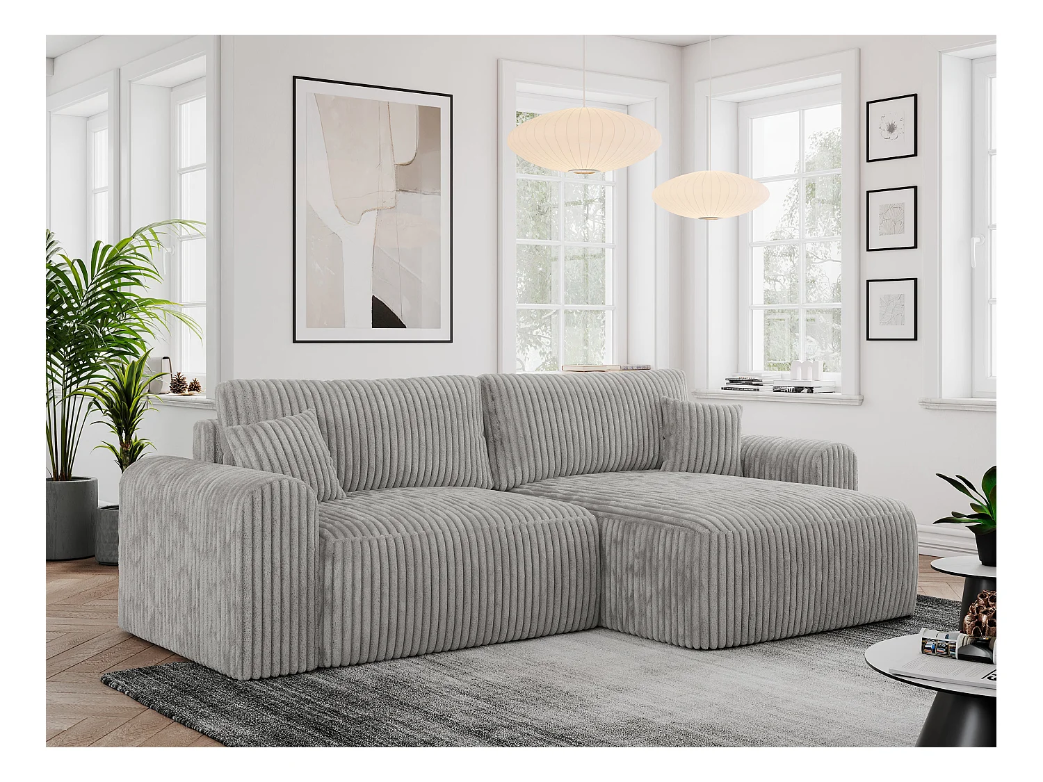 Ecksofa NELSON - Schlafcouch mit Armlehnen und Bettkasten, universelles L-förmige Ecksofa - Hellgrau Cord