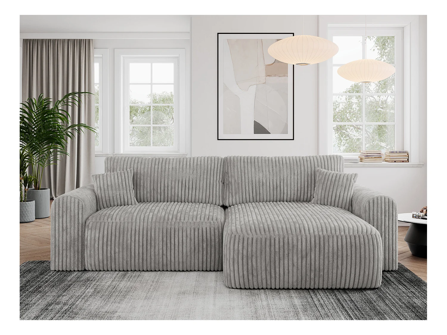 Ecksofa NELSON - Schlafcouch mit Armlehnen und Bettkasten, universelles L-förmige Ecksofa - Hellgrau Cord