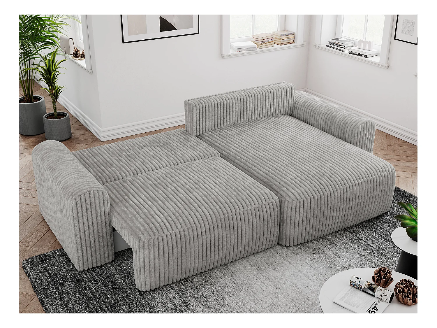 Ecksofa NELSON - Schlafcouch mit Armlehnen und Bettkasten, universelles L-förmige Ecksofa - Hellgrau Cord