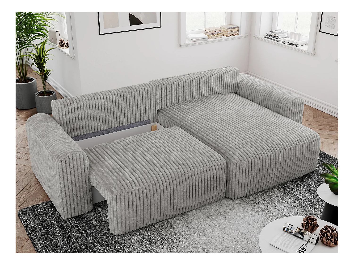 Ecksofa NELSON - Schlafcouch mit Armlehnen und Bettkasten, universelles L-förmige Ecksofa - Hellgrau Cord