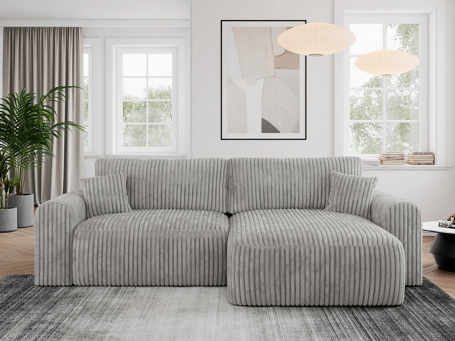 Ecksofa NELSON - Schlafcouch mit Armlehnen und Bettkasten, universelles L-förmige Ecksofa - Hellgrau Cord