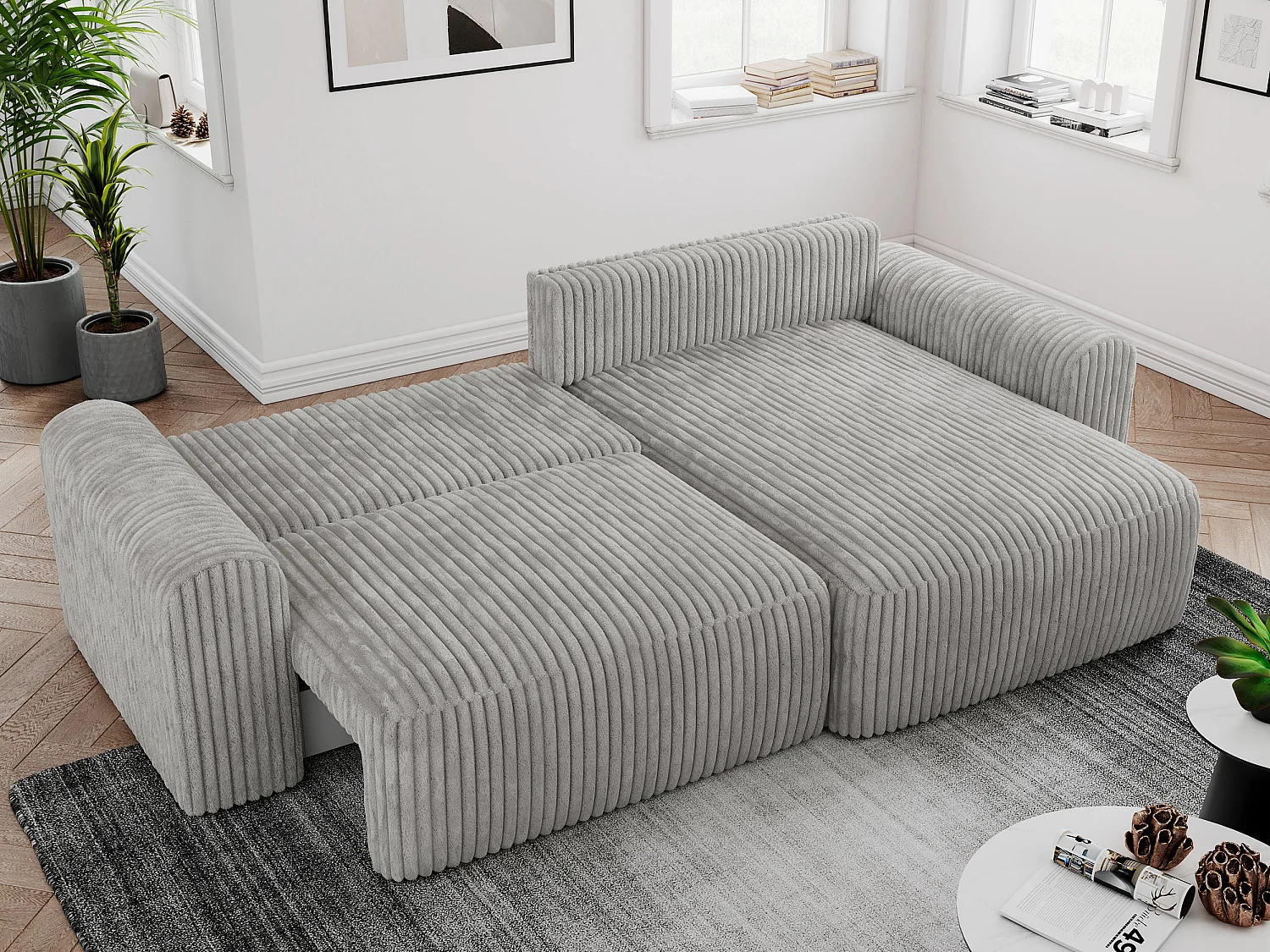 Ecksofa NELSON - Schlafcouch mit Armlehnen und Bettkasten, universelles L-förmige Ecksofa - Hellgrau Cord