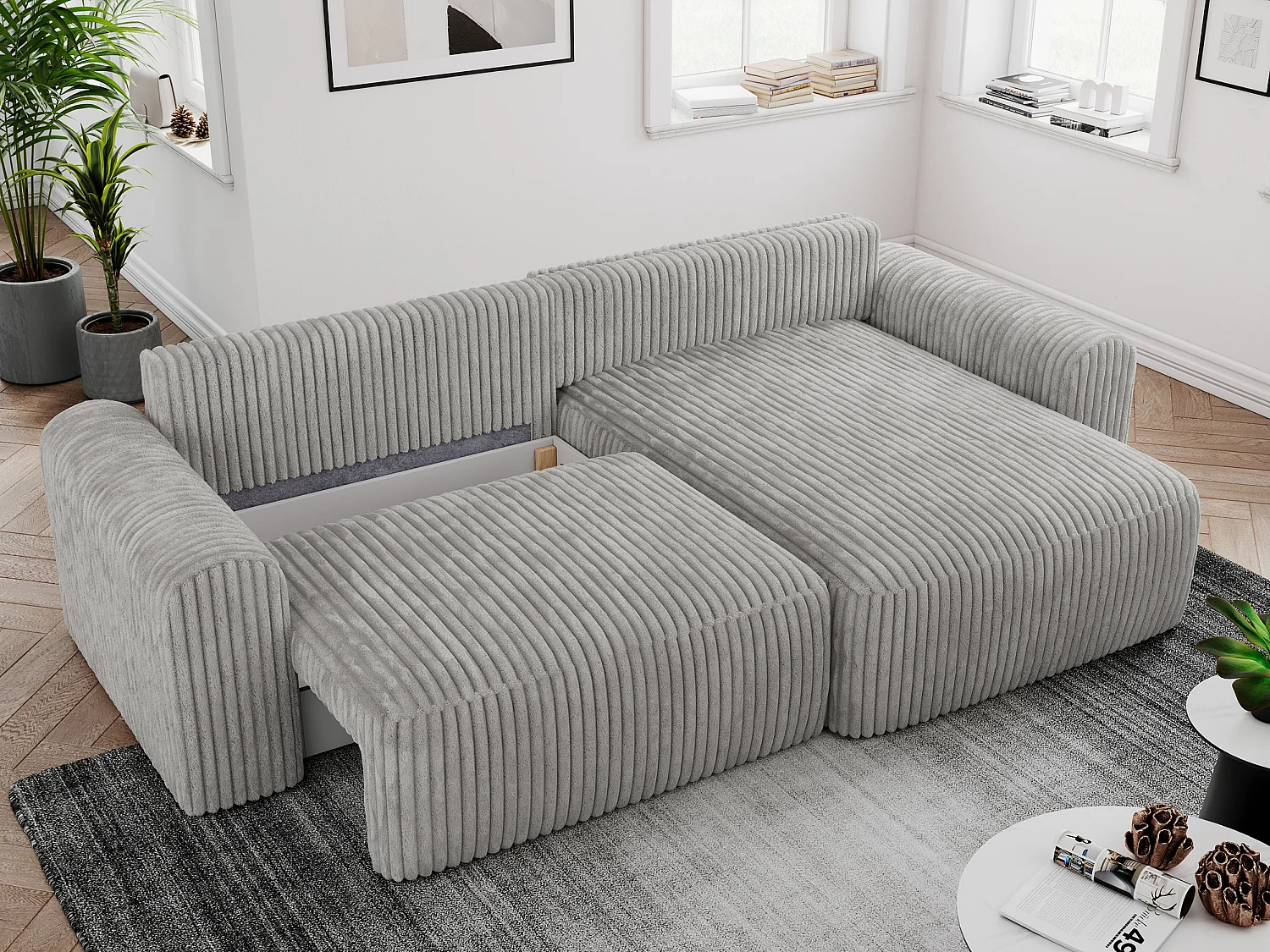 Ecksofa NELSON - Schlafcouch mit Armlehnen und Bettkasten, universelles L-förmige Ecksofa - Hellgrau Cord