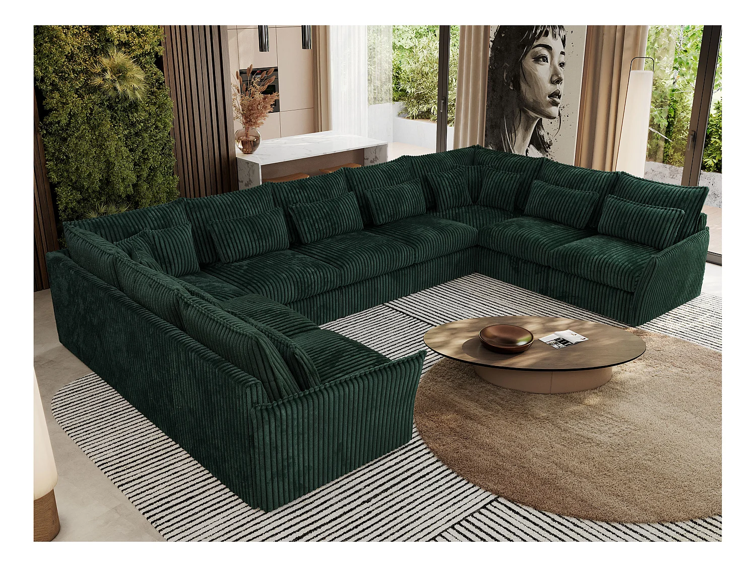 Ecksofa VERSO U9M - XXL Wohnlandschaft Ecke, modulare, Armlehnen und lose Kissen - Grün Cord