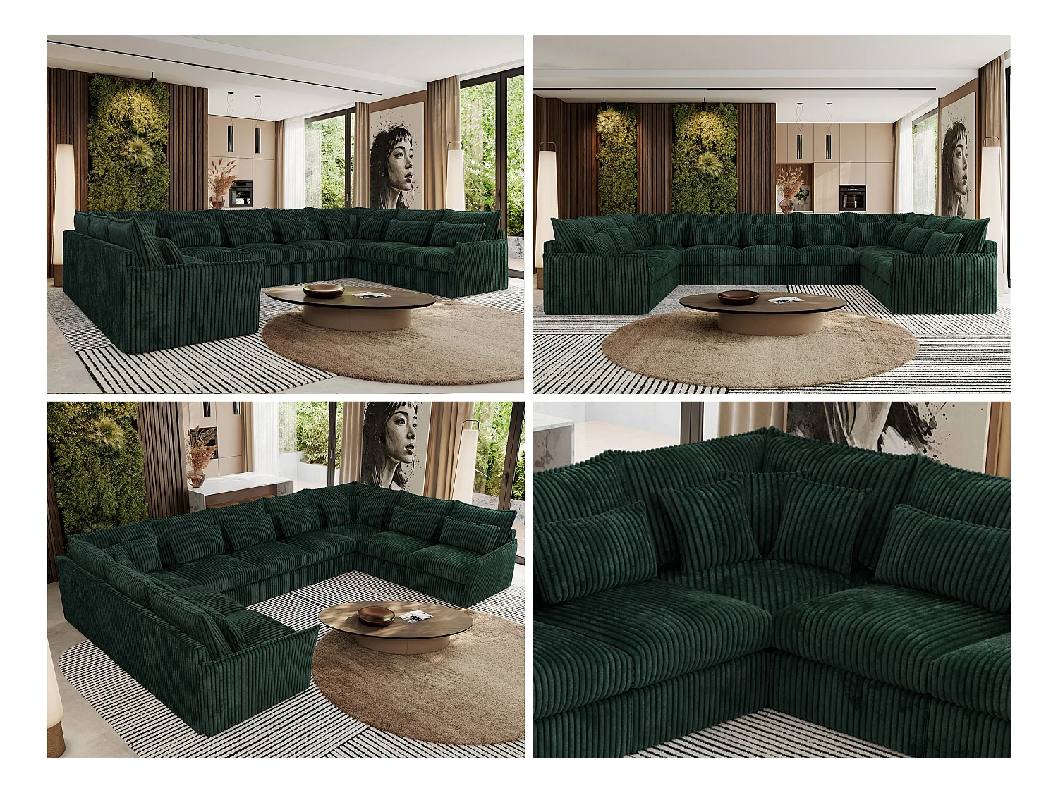 Ecksofa VERSO U9M - XXL Wohnlandschaft Ecke, modulare, Armlehnen und lose Kissen - Grün Cord