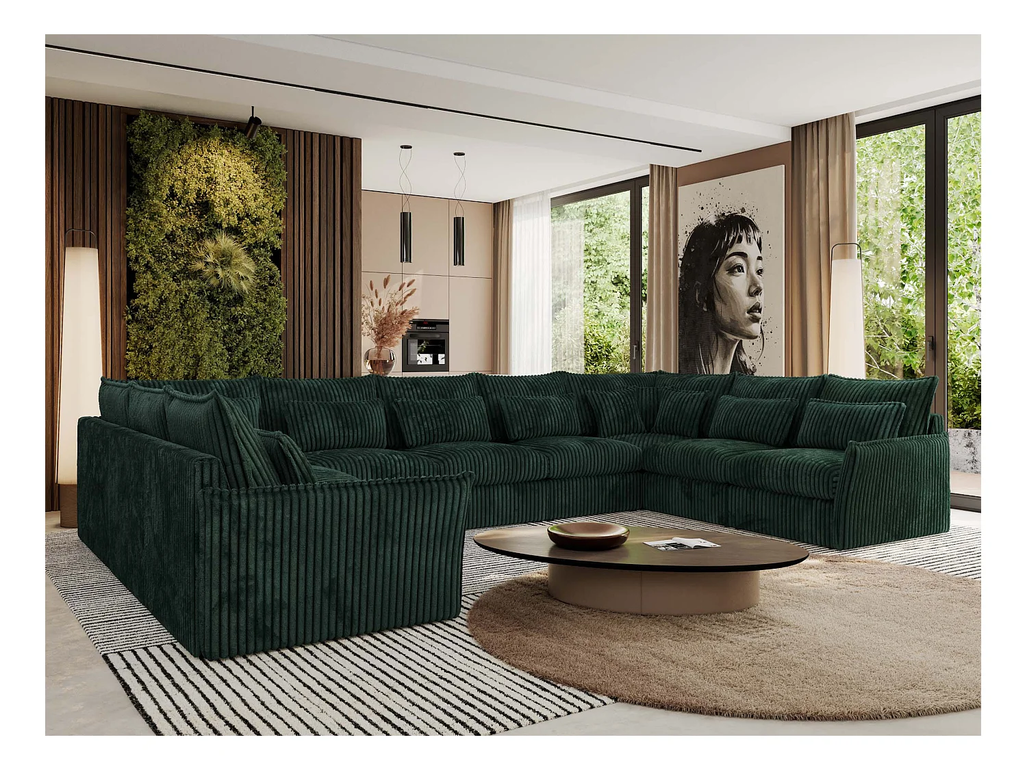 Ecksofa VERSO U9M - XXL Wohnlandschaft Ecke, modulare, Armlehnen und lose Kissen - Grün Cord