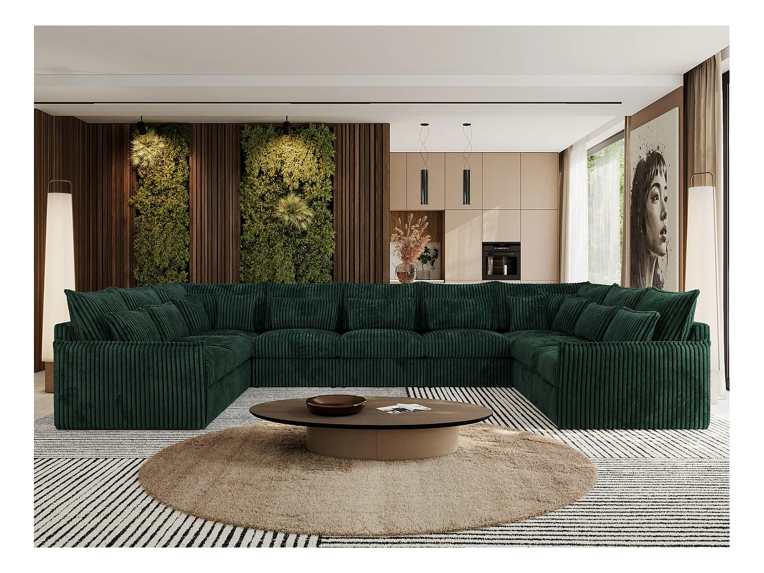 Ecksofa VERSO U9M - XXL Wohnlandschaft Ecke, modulare, Armlehnen und lose Kissen - Grün Cord