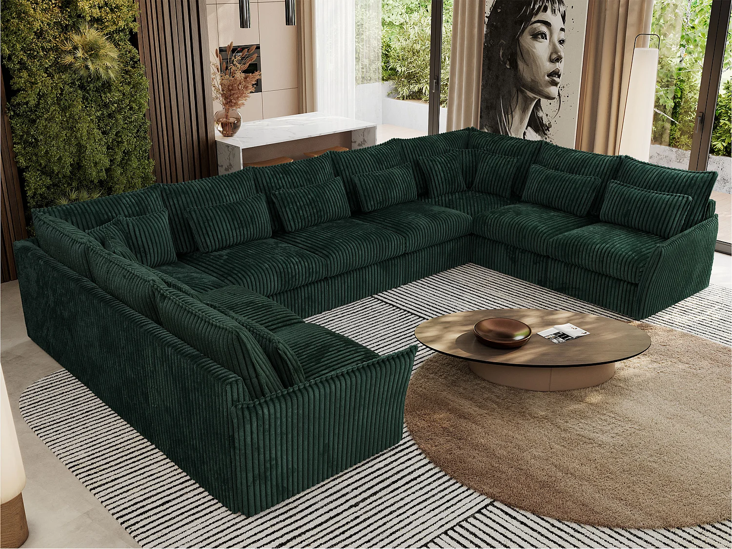 Ecksofa VERSO U9M - XXL Wohnlandschaft Ecke, modulare, Armlehnen und lose Kissen - Grün Cord