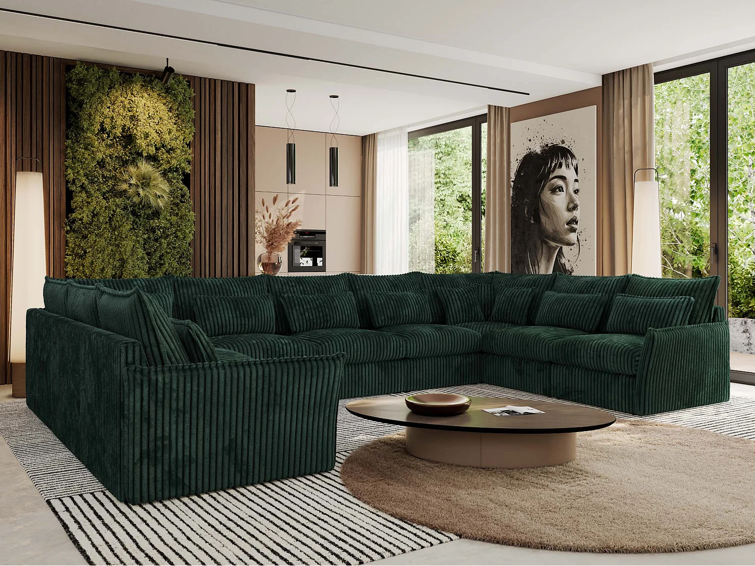 Ecksofa VERSO U9M - XXL Wohnlandschaft Ecke, modulare, Armlehnen und lose Kissen - Grün Cord