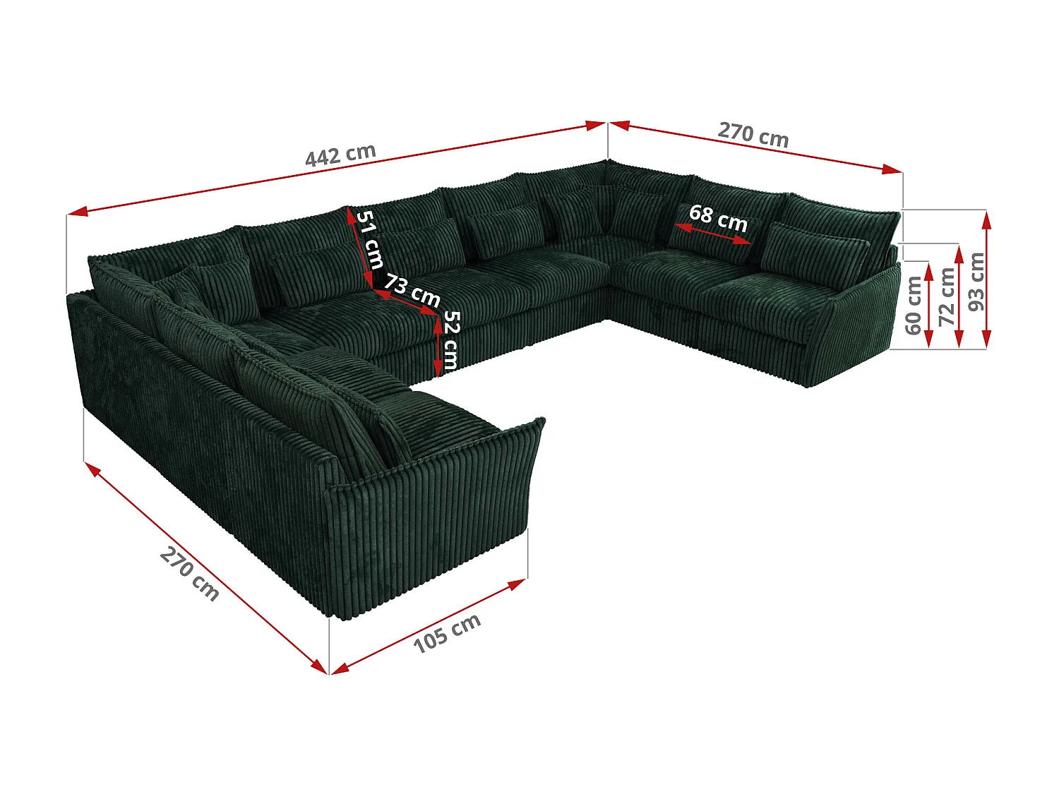 Ecksofa VERSO U9M - XXL Wohnlandschaft Ecke, modulare, Armlehnen und lose Kissen - Grün Cord