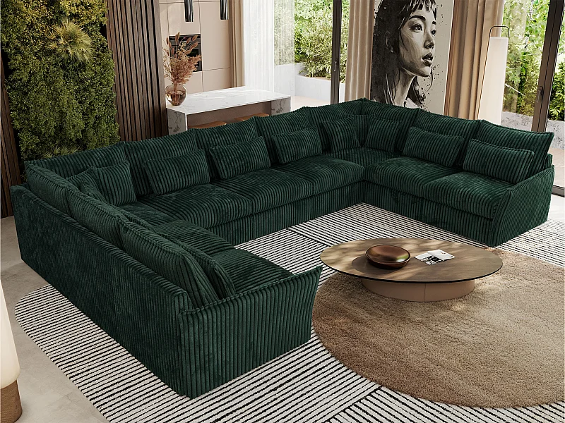 Ecksofa VERSO U9M - XXL Wohnlandschaft Ecke, modulare, Armlehnen und lose Kissen - Grün Cord