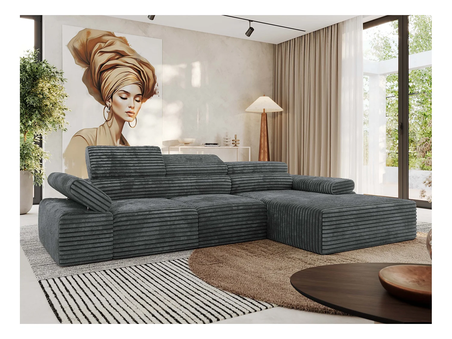 Ecksofa RILASSO - L-förmige Ecke mit Relax-funktion, elektrisch verstellbarer Sitz, Armlehnen - Dunkelgrau Cord - Ecke Rechts