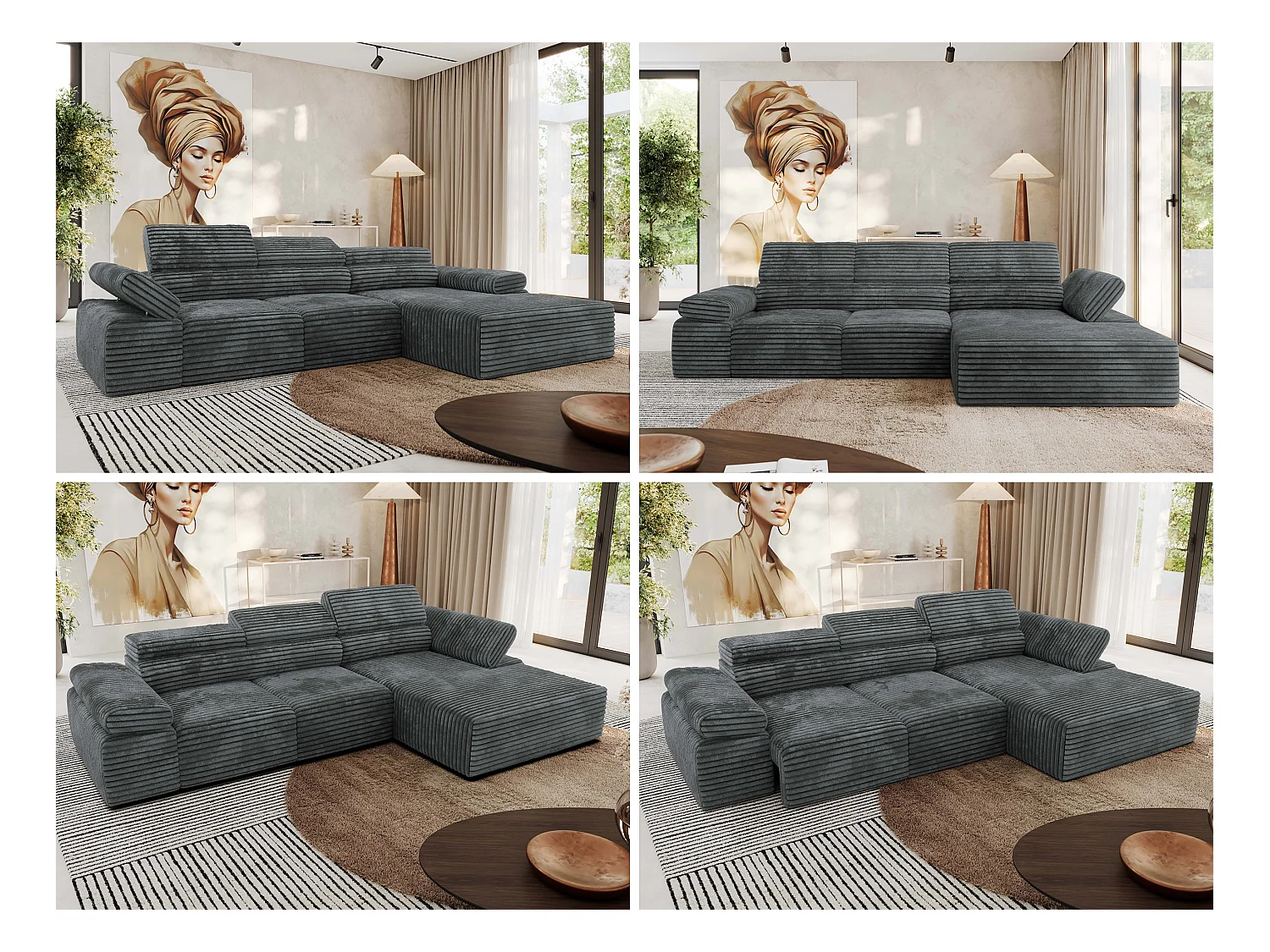 Ecksofa RILASSO - L-förmige Ecke mit Relax-funktion, elektrisch verstellbarer Sitz, Armlehnen - Dunkelgrau Cord - Ecke Rechts