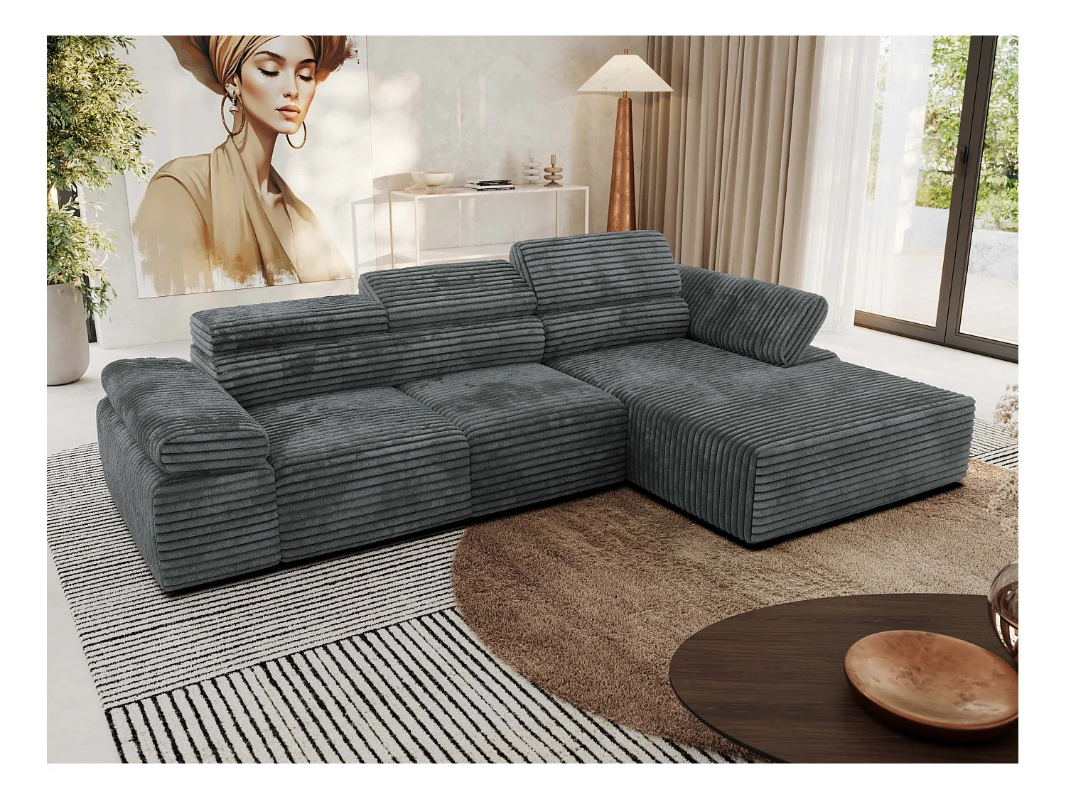 Ecksofa RILASSO - L-förmige Ecke mit Relax-funktion, elektrisch verstellbarer Sitz, Armlehnen - Dunkelgrau Cord - Ecke Rechts