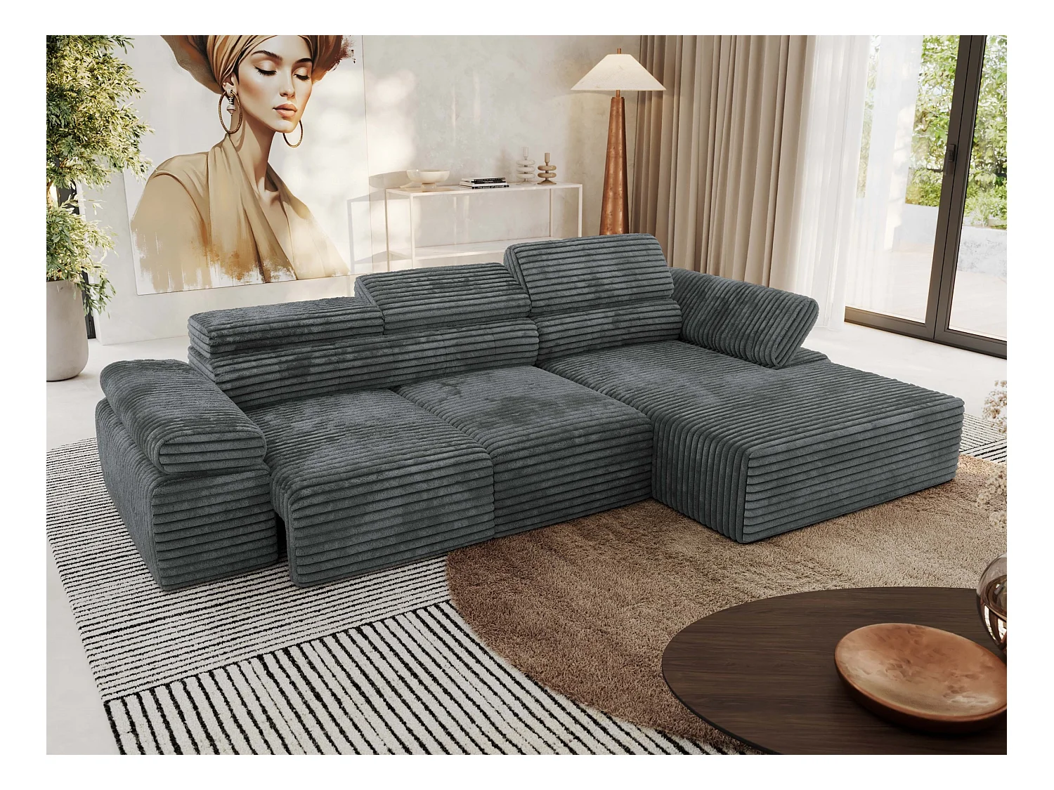 Ecksofa RILASSO - L-förmige Ecke mit Relax-funktion, elektrisch verstellbarer Sitz, Armlehnen - Dunkelgrau Cord - Ecke Rechts