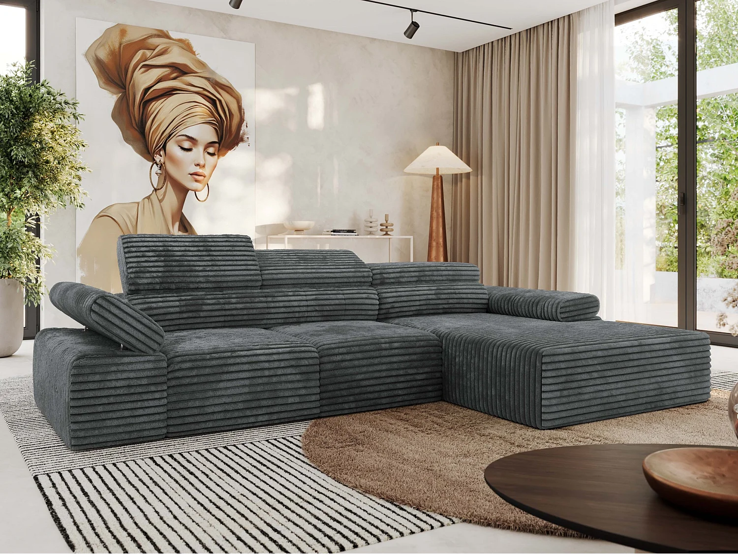 Ecksofa RILASSO - L-förmige Ecke mit Relax-funktion, elektrisch verstellbarer Sitz, Armlehnen - Dunkelgrau Cord - Ecke Rechts