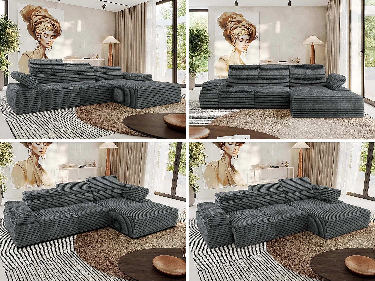 Ecksofa RILASSO - L-förmige Ecke mit Relax-funktion, elektrisch verstellbarer Sitz, Armlehnen - Dunkelgrau Cord - Ecke Rechts